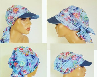 Women's Peaked Cap Beach Towel Headwear Hat Blue Batiste Floral Pink Cotton - Batiste Convertible Towel Chemo