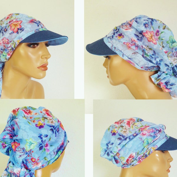 Damen Schirmmütze Strandtuch Kopfbedekung  Mütze Blau Batist geblümt  Rosa Baumwolle - Batist Kabriotuch Chemo