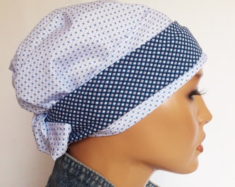 LUXUS Damen Kopftuch/Mütze Bandanas Stirnband Turban Weiß Blau BW/Batist Tupfen Jersey 2 Tgl. Chemo Statt Perücke Alopezie