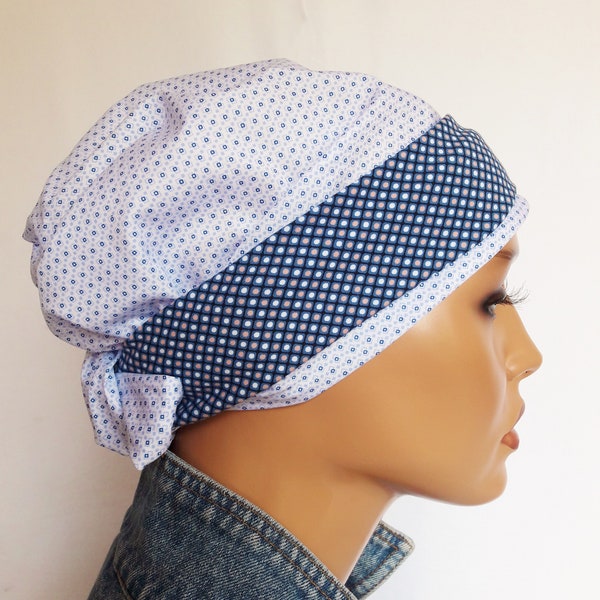 LUXUS Damen Kopftuch/Mütze Bandanas Stirnband Turban Weiß Blau BW/Batist Tupfen Jersey 2 Tgl. Chemo Statt Perücke Alopezie