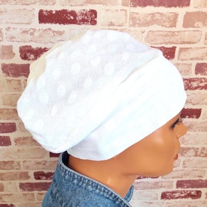 Lightweight basic fabric hat, nightcap, beanie, sun protection, white polka dots, one size fits all, soft, cozy, chemo alopecia