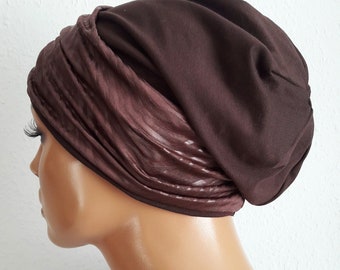 Damen Mütze Beanie Braun mit Stirnband 2 tl. Baumwolle Jersey Chemo Alopezie statt Perücke