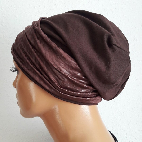 Bonnet brun femme avec bandeau 2 c. Cotton Jersey Alopécie chimio au lieu de perruque