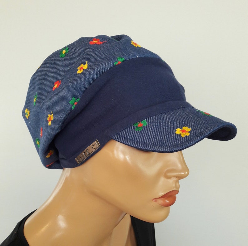 LUXURY WOMEN Umbrella Hat Balloon Hat Blue Jans Embroidered Flowers 100/% Cotton Chemo Alopecia Hair Loss