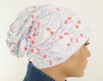 Kuschelige  Schlafmütze Nachtmütze Doppellagig Mütze Weiß Blau Lila Blumen Chemo Alopezie