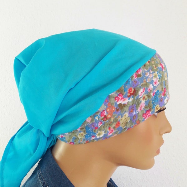 DAMEN Kopftuch Mütze Bandana Kap Türkis Streublümchen 100% Baumwolle/Batist Chemo Alopezie