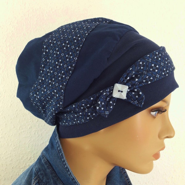 ATTRAKTIVE Ballonmütze Beanie Mütze Turban Marine Blau  Jersey Chemo Alopezie statt Perücke