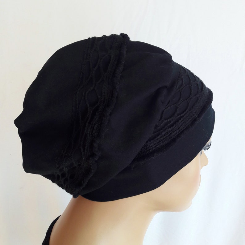 Mütze Damen Ballonmütze Turban Beanie Baskenmütze Schwarz Spitzen CHEMO Alopezie statt Perücke Bild 6