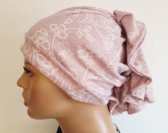 Couvre-chef pour femme Bonnet en tissu Bandana Turban Deux côtés Jersey Beige Fleurs Pur coton Chimio Cancer