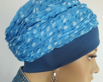 Sommer Kopfbedeckung Mütze Turban Wickeltuch  Stirnband 2 Teilig Blau weise Tupfen Jersey Chemo Alopezie