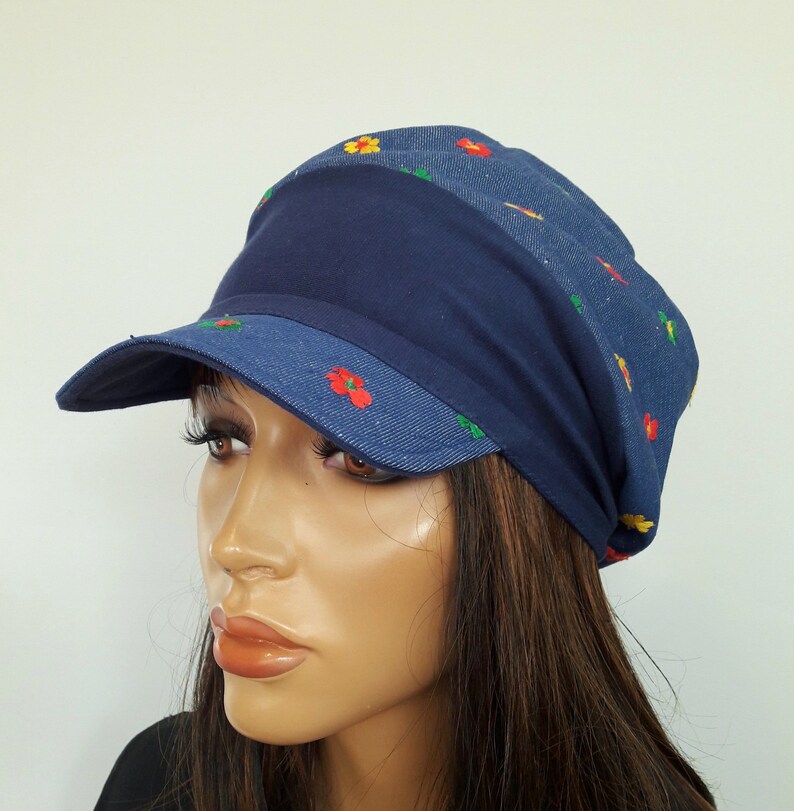 LUXURY WOMEN Umbrella Hat Balloon Hat Blue Jans Embroidered Flowers 100/% Cotton Chemo Alopecia Hair Loss