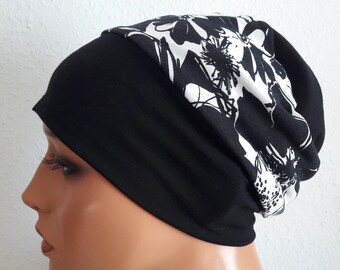 DAMEN  Wendemütze Beanie Turban Mütze Bommelmütze Schwarz Weis 2 in einem Jersey Chemo Alopezie statt Perücke