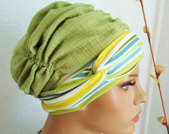 Couvre-chef d’été Turban femme Beanie Wrap Band/Jersey Green-Mussselin Stripe Chemo Cancer Cozy Festive Pratique