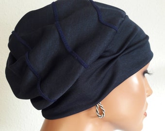 ATTRACTIVE Beanie Hat Beanie Turban Beret Night Blue Rib Jersey Chemo Alopecia