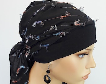 Attrayant Foulard de luxe pour femmes Bonnet Turban Noir Paillettes TAUSENDFUSSEL ChemoTuch Alopécie au lieu d’une perruque