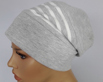 FRAUEN Mütze Benie Grau Weis Weich Gemütlich 100% Baumwolle Jersey  Chemo Alopezie