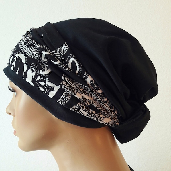 LUXURY Women's Headscarf Beanie Bandana Headband Turban Black Jersey BW 2 Piece Chemo Alopecia