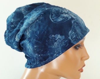 WOMEN's Reversible Hat Beanie Caps Jersey Blue Batik 2 Sided Chemo Alopecia Instead of Wig