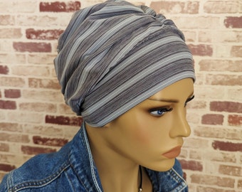 Damen Beanie Ballonmütze Doppellagig Mütze Turban Grau Weiß Strefen Jersey  Gemütlich CHEMO Alopezie statt Perücke