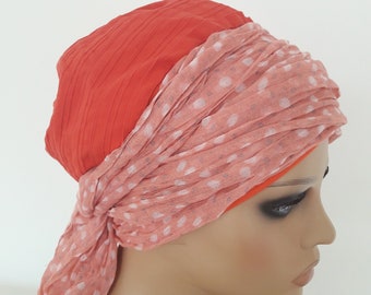 Frauen Sommer Ballonmütze Beanie Turban + Wickeltuch  2 in 1 Orange Altrosa Baumwolle/Jersey CHEMO statt Perücke Alopezie