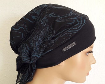 Couvre-chef femme tissu chapeau Bandana motif noir-pétrole coton/viscose ruban-Jersey chimio Cancer alopécie