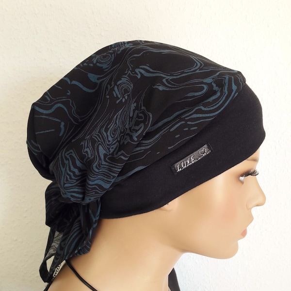 Damen Kopfbedeckung Tuch Mütze Bandana Schwarz Muster-Petrol  Baumwolle/Viskose  Band-Jersey  Chemo Krebs Alopezie