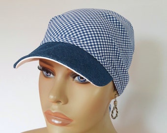Casquette à visière d'été, serviette de plage, chapeau bleu blanc à carreaux 100% coton, serviette Convertible, alopécie, chimio