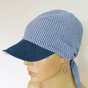 SUMMER peaked cap beach towel cap blue white checked 100% cotton convertible cloth alopecia chemo