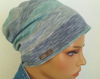 Summer headgear beanie hat 100% cotton/jersey in 2 variants kaki olive green gray stripes jersey chemo alopecia instead of wig