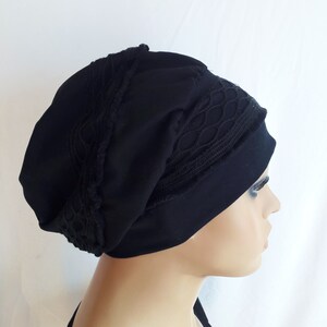 Mütze Damen Ballonmütze Turban Beanie Baskenmütze Schwarz Spitzen CHEMO Alopezie statt Perücke Bild 3