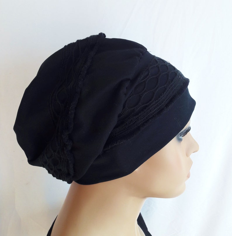 Mütze Damen Ballonmütze Turban Beanie Baskenmütze Schwarz Spitzen CHEMO Alopezie statt Perücke Bild 3