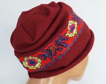 ORIGINELLE Frauen Beanie Mütze  Bommelmütze Wein Rot  Bunt 100% Flanell Baumwolle Jersey Chemo Alopezie