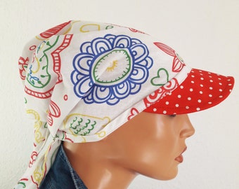 Femmes Peaked Cap Beach Beanie Beanie White Red Coton multicolore - Batiste Tissu Convertible Chemo