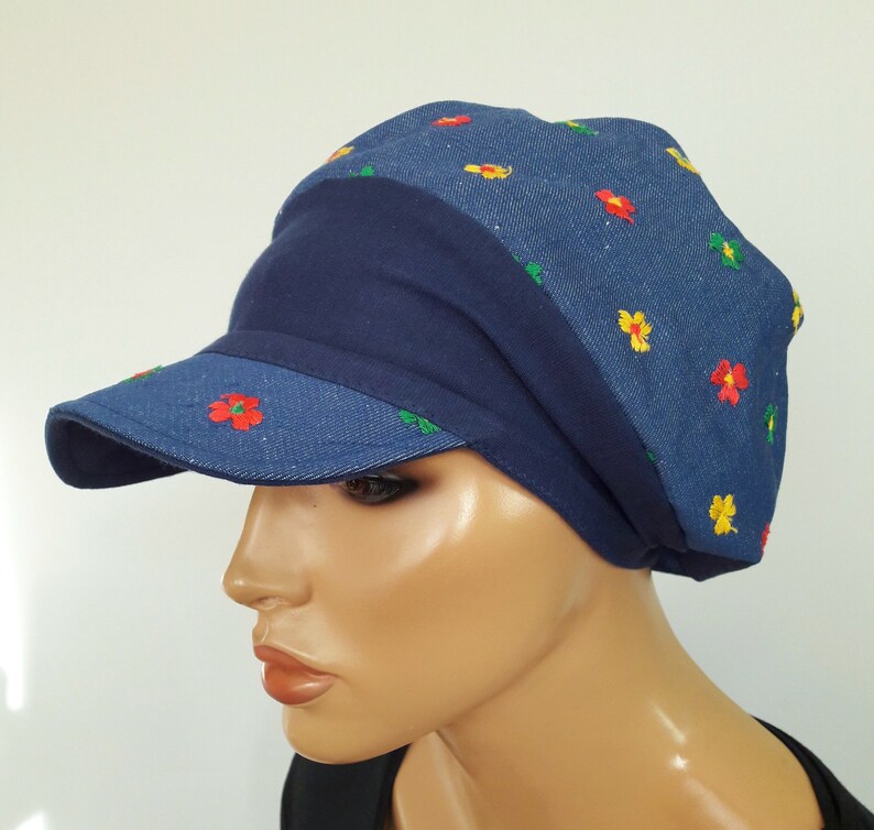 LUXURY WOMEN Umbrella Hat Balloon Hat Blue Jans Embroidered Flowers 100/% Cotton Chemo Alopecia Hair Loss