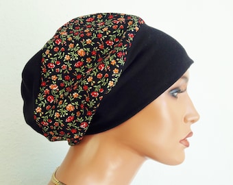 PLEASANT casquette gavroche femme bonnet béret noir fleurs colorées 100% coton/jersey CHEMO alopécie au lieu de perruque