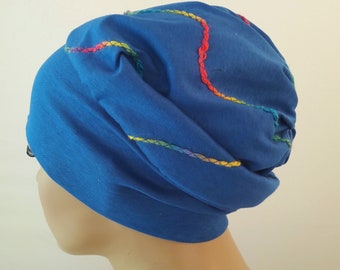 CHAPEAU DE BALLON BÉRET Béanie Turban double costume bleu Brodé Jersey coloré au lieu de perruque CHEMO Alopezie