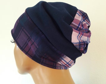 ORIGINAL WENDEM-TZE Beanie Hat Bobble Hat Blue Plaid Bunt 2 in a Jersey Chemo Alopecia