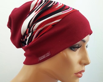 LUXUS Damen Kopfbedeckung Beanie Mütze Bommelmütze Wein Rot Schwarz Weiß Jersey Chemo Alopezie