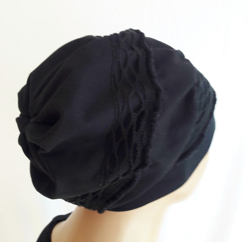 Mütze Damen Ballonmütze Turban Beanie Baskenmütze Schwarz Spitzen CHEMO Alopezie statt Perücke Bild 7