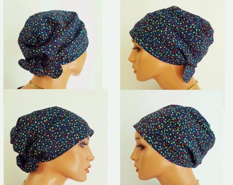 Summer headgear headscarf/hat, bandana dark/petrol green colorful dots 100% cotton chemo cancer instead of wig