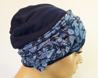 LUXUS Damen Kopfbedeckung Turban Mütze Stirnband 2 Tlg. Nacht Blau Jersey Chemo Alopezie Gemütlich  Praktisch