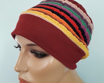 LUXE Couvre-chef pour femmes Bonnet Bonnet Bonnet Bonnet Bobble Hat Vin Rouge Coloré Ruffles Jersey Chemo Alopecia