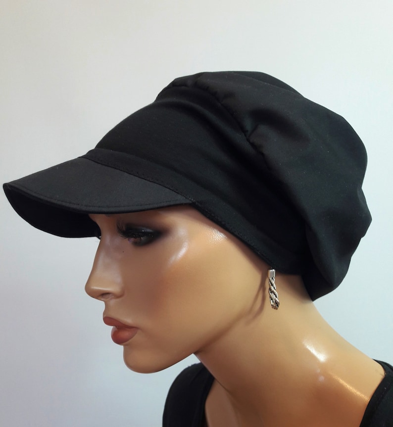 LUXUS DAMEN Schirmmütze Ballonmütze Baskenmütze Schwarz 100% Baumwolle Jersey gefüttert Chemo Alopezie Haarausfall Bild 2