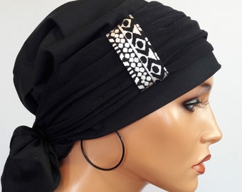 LUXUS Damen 100% Baumwolle Jersey Kopftuch Mütze Bandana + Stirnband Turban  Schwarz Silber  2 Tlg. Chemo Alopezie