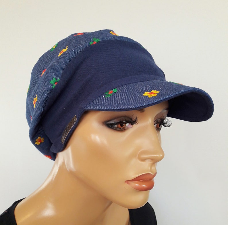 LUXURY WOMEN Umbrella Hat Balloon Hat Blue Jans Embroidered Flowers 100/% Cotton Chemo Alopecia Hair Loss