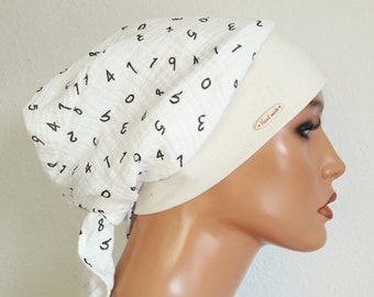 Damen Sommer Kopfbedeckung Tuch Mütze Turban Bandana Creme/Weis   reine Baumwolle-Musselin Chemo Krebs Alopezie