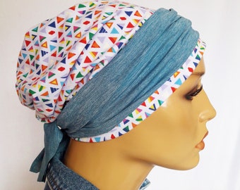 DAMEN Kopfbedeckung Beanie Basis Mütze Turban + Stirnband Weiß/Blau Bunt 100% BW Jersey  Chemo .Alopezie statt Perücke
