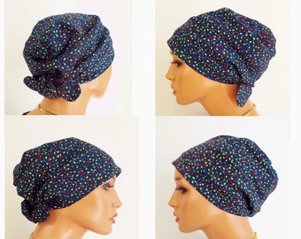 Couvre-chef d'été foulard/chapeau, bandana foncé/vert pétrole points colorés 100% coton chimio cancer au lieu de perruque