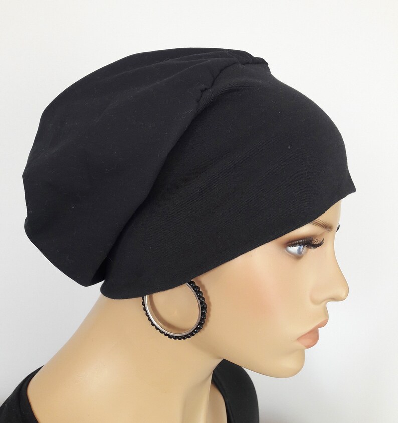 Damen Ballonmütze Baskenmütze Doppellagig Uni Schwarz Baumwolle/Jersey statt Perücke CHEMO Alopezie Bild 3