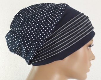 Damen Wendemütze Ballonmütze Mütze Beanie Nachtblau Tupfen Stirnband 2 teilig  CHEMO Alopezie statt Perücke